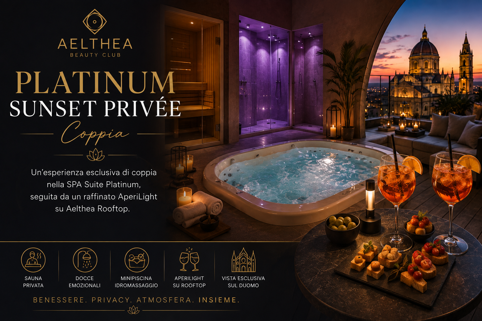 Platinum Sunset Privée per coppia con SPA Suite Platinum e AperiLight su Aelthea Rooftop a Messina