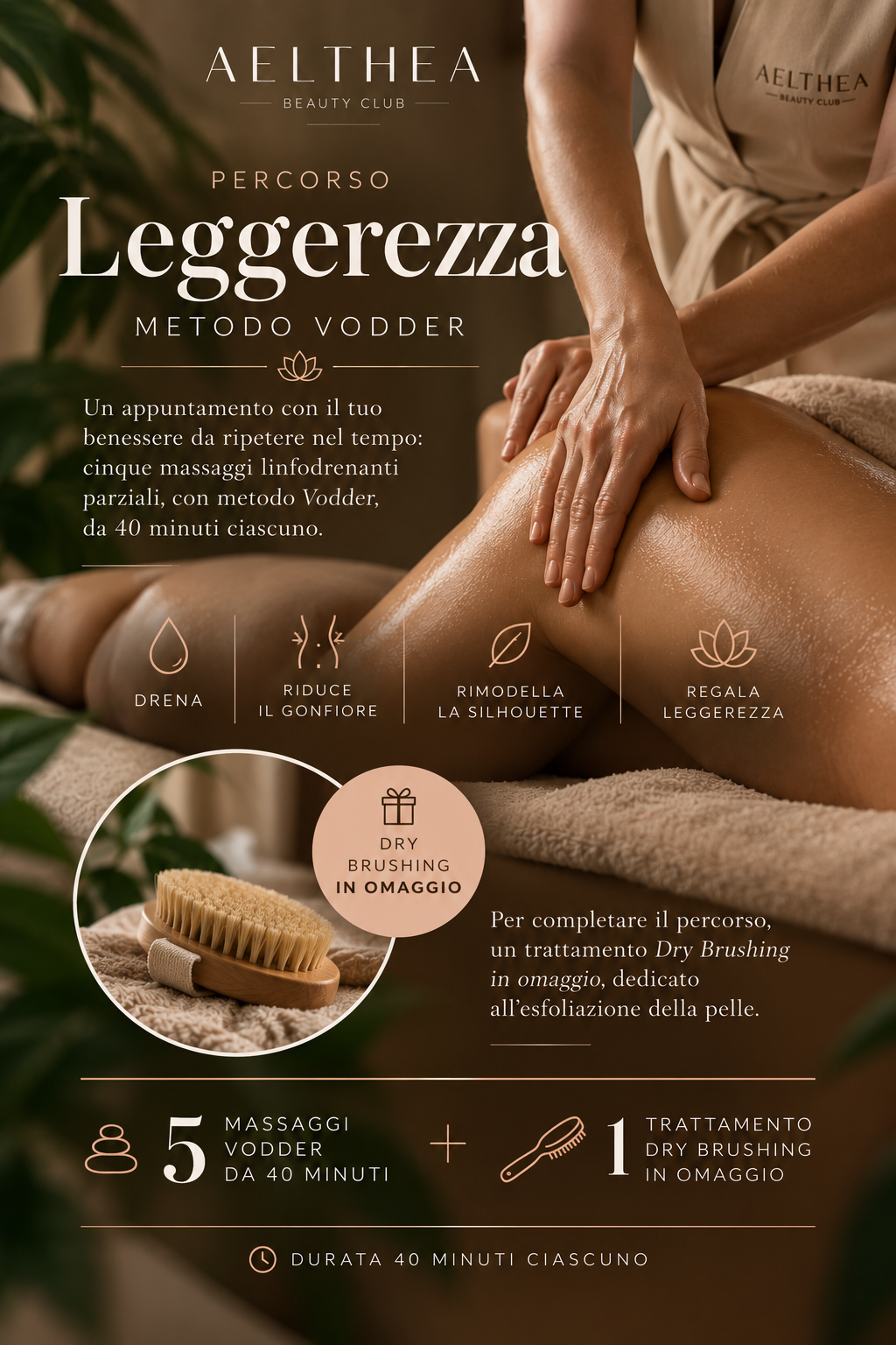 Percorso Leggerezza Metodo Vodder da Aelthea Beauty Club a Messina: cinque massaggi linfodrenanti parziali e trattamento Dry Brushing omaggio.